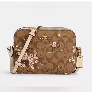Coach Mini Camera Bag Signature Canvas Evergreen Floral Brown Pink